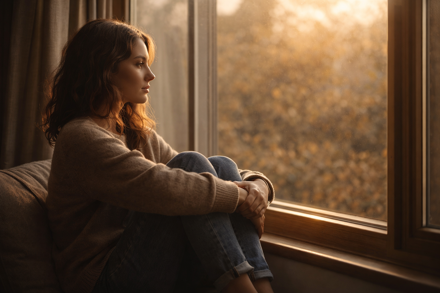 Frau am Fenster — nachdenklich